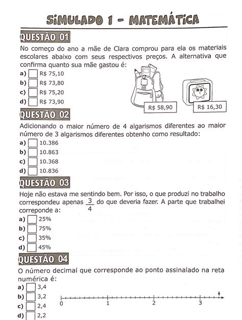 Simulado Prova Brasil Ano Matematica Para Imprimir Gabarito