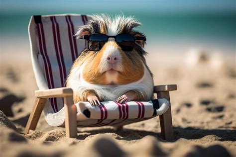 funny guinea pig relaxes   deck chair   sea   beach