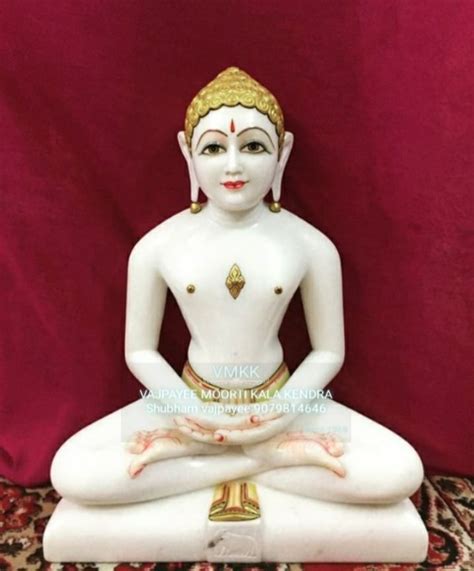 White Painted Marble Mahavir Swami Statue For Worship Size 2 Feet At