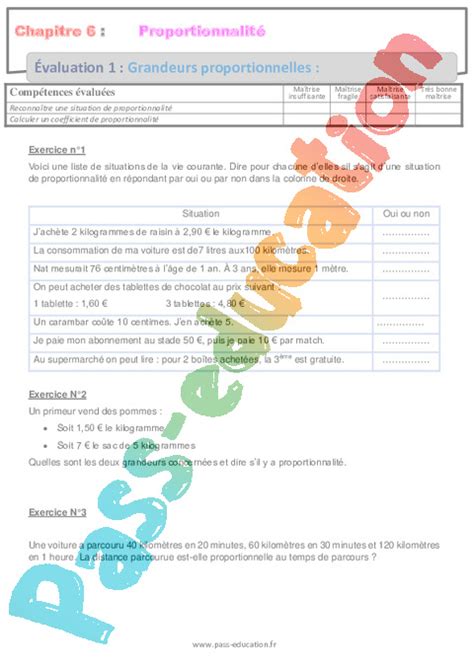 Evaluation Proportionnalité 6ème Bilan et controle corrigé pdf à