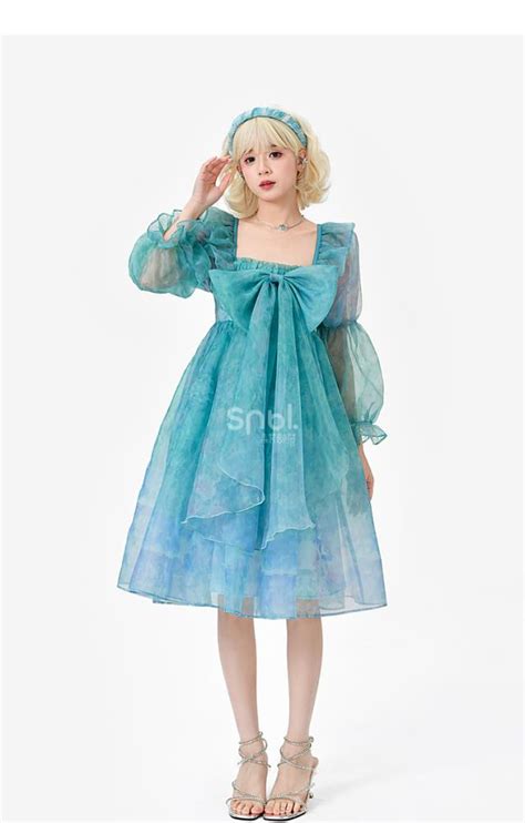 Blue Long Sleeves Sweet Dress With Detachable Big Bow Long Version