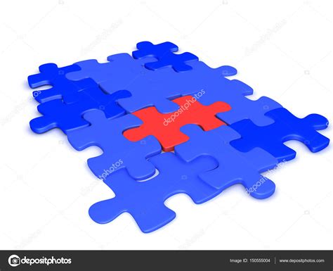 3d Illustration Of Blue Jigsaw Puzzles Pieces With A Red One In — Stock