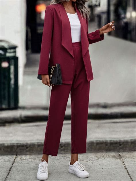 Blazer e calça Gola de Xaile Frente Aberta Blazer cor de vinho