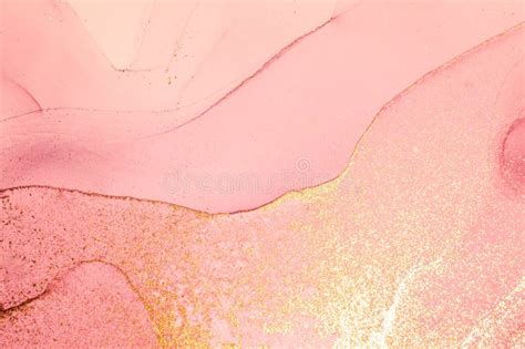 Abstract Watercolor Or Alcohol Ink Art Pink With Gold White Background