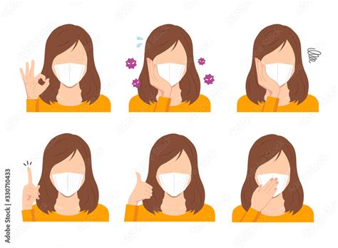 Faceless Woman Wearing A Mask Vector Illustration Upper Body Set