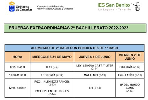 Calendario de pruebas extraordinarias para 2º de Bachillerato Curso