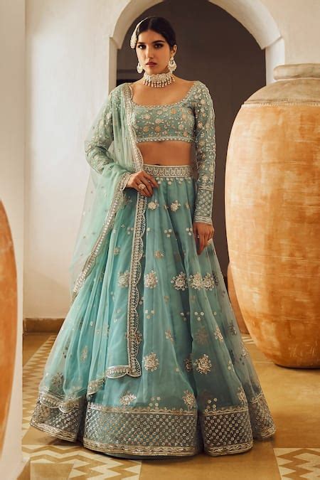 Buy Blue Organza Embroidery Zari Spread Scoop Neck And Sequin Lehenga