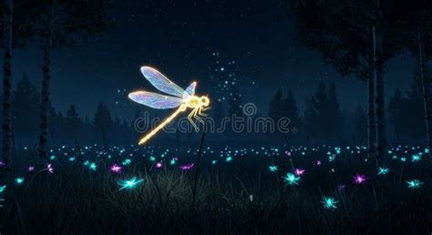 Glowing Dragonfly Night Scene Wallpaper A Luminous Dragonfly Rests On A
