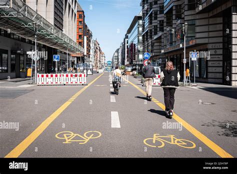 Berlin Germany April People On Bicycle Lane Or Pop Up Bike