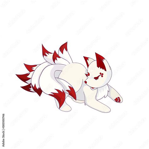 Kumiho Or Nine Tailed Fox Is Playing With Tails On White Isolated