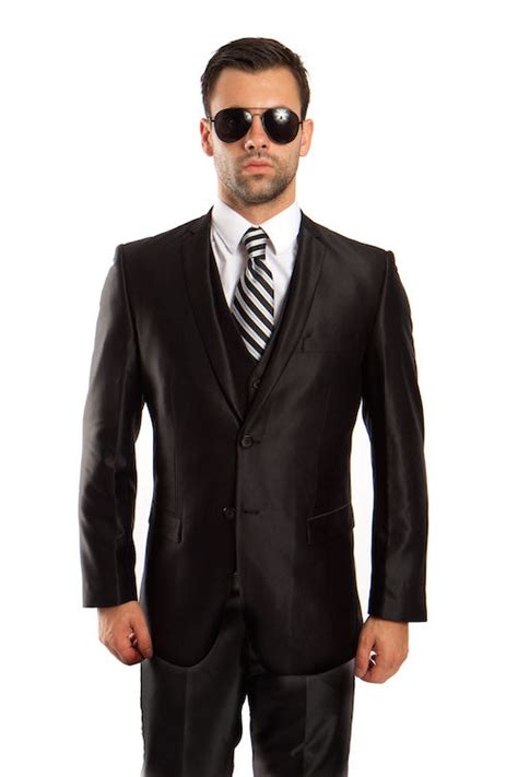 Mens Black Shiny Vested Suit Three Piece Formal Prom Suits Flex Suits