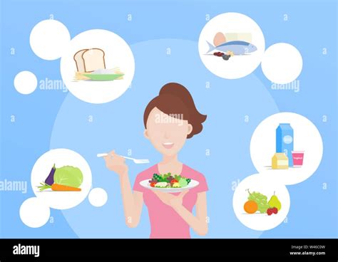 Young woman eating healthy food, 5 food groups, organic. Vecter illustration cartoon character ...