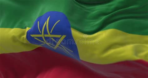 Close Up View Of The Ethiopian National Flag Waving In The Wind Stock