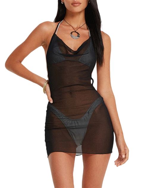 Women Bikini Cover Ups Mesh See Through Mini Dress Halter Neck