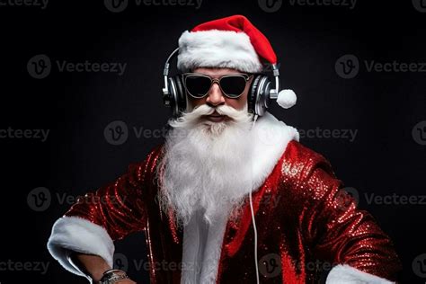 Funky crazy Santa Claus dj headset sing song sound melody listen music on black background. AI ...