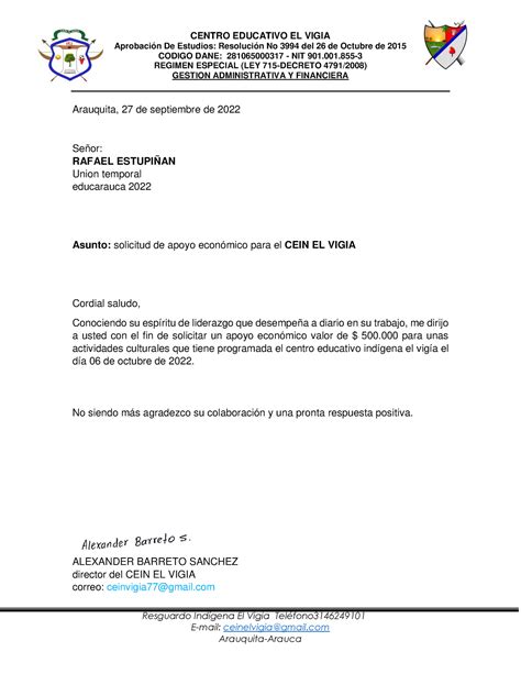 Solicitud De Apoyo De Recurso Economico Para El Cein El Vigia