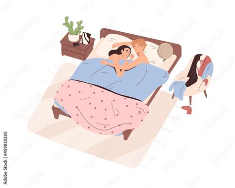 Love Romantic Couple Sleeping Under Blanket In Bed Together Happy Naked Man And Woman Lying And