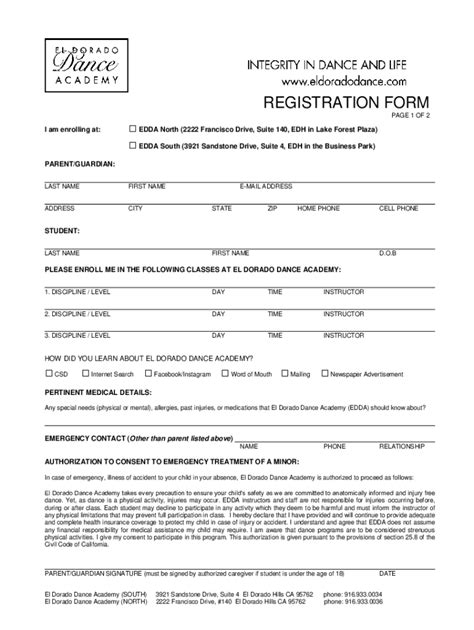 Fillable Online Registration Form El Dorado Dance Fill Out And Sign