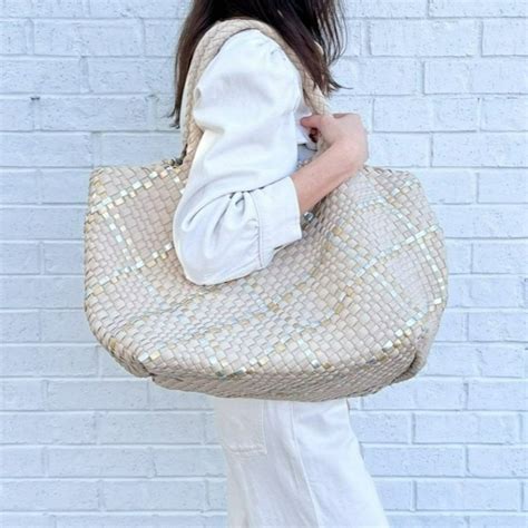 Beige Metallic Oversized Woven Tote — Parker And Hyde