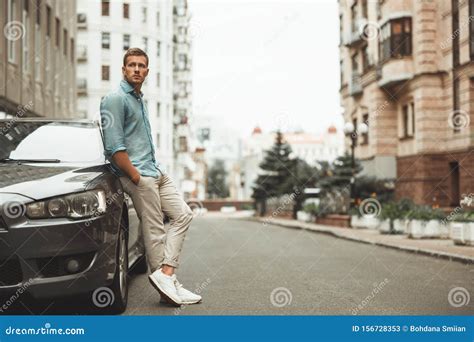 Young Handsome Man Standing Near His Parked Car Stock Image Image Of