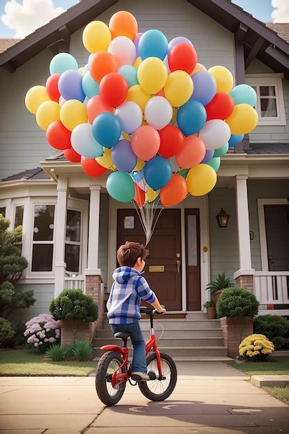 Un Ni O Andando En Bicicleta Con Globos Frente A Una Casa Foto Premium