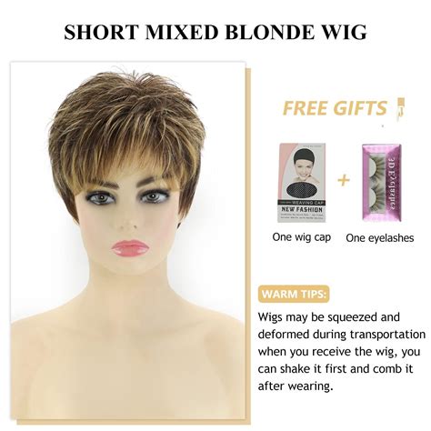 SEVENCOLORS Short Dark Brown Mixed Blonde Highlight Pixie Cut Wigs With