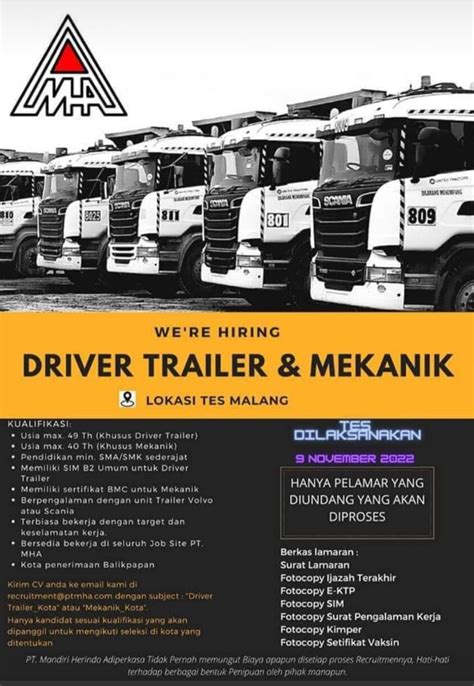 Lowongan Kerja Driver Trailer Mekanik Di Pt Mandiri Herindo