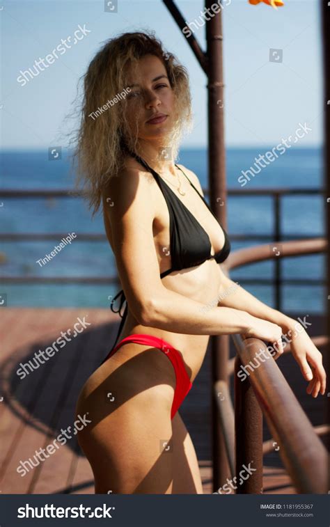 Pretty Blondehaired Woman Bikini Standing On Stock Photo 1181955367