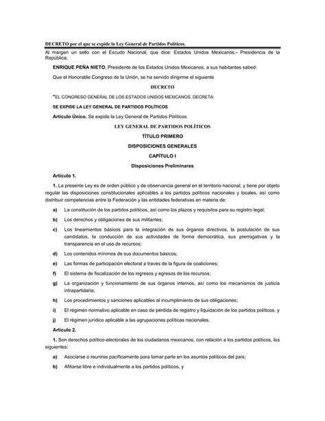 Decreto Por El Que Se Expide La Ley General De Partidos Políticos Pdf