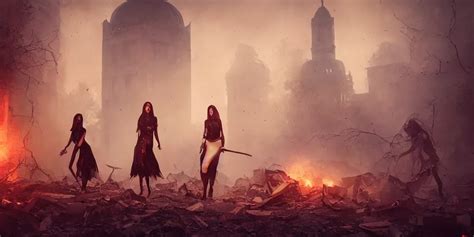 Beautiful Female Witches Exploring Scorched Ruins Of Stable Diffusion