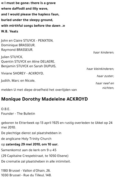 Avis De Décès De Monique Dorothy Madeleine Ackroyd Décédé Le 24052010