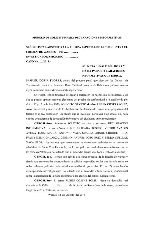 Solicitud PARA Declaraciones Informativas MODELO DE SOLICITUD PARA