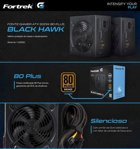 Fonte Gamer Atx Fortrek Black Hawk 500w 80 Plus Bronze Pfc Ativo Hayamax