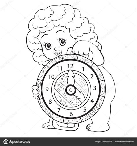 Sketch Cartoon Illustration Decorative Clock Girl Character Coloring