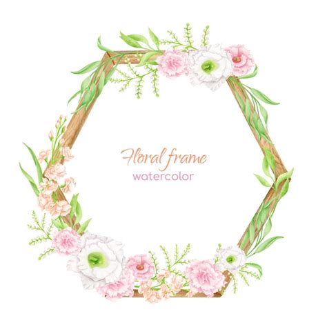 Cadre Floral Aquarelle Avec Hexagone En Bois Arrangement De Fleurs