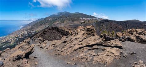 Teneguia Volcano Crater With Its Populations Of Houses On Top Of The