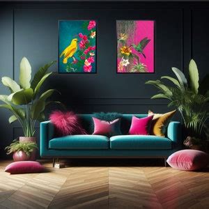 Tropical Maximalist Bird Set Vibrant Hot Pink And Teal Exotic Bird Prints Bold Jungle Wall