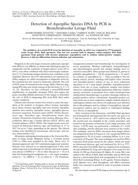 Pdf Detection Of Aspergillus Species Dna By Pcr In Bronchoalveolar Lavage Fluid