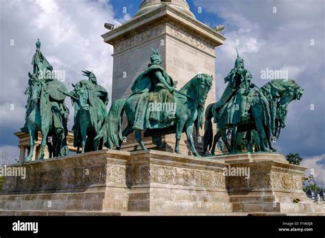 Heroes Square Budapest Hungary The Statues On The Plinth At The Foot