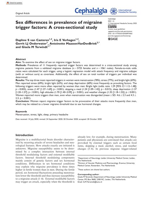 Pdf Sex Differences In Prevalence Of Migraine Trigger Factors A