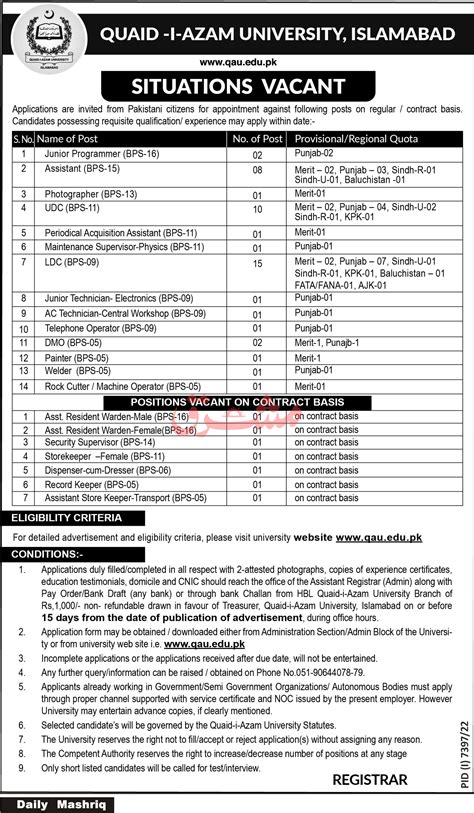 Quaid I Azam University Islamabad Jobs 2023 2025 Job Advertisement Pakistan