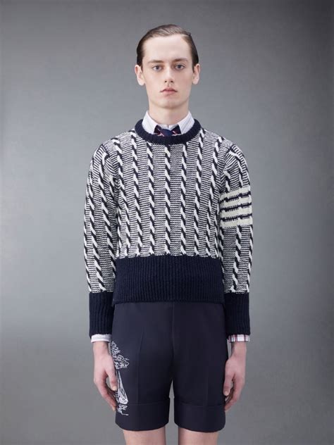 Donegal Bicolor Twist Cable Bar Crew Neck Pullover Thom Browne