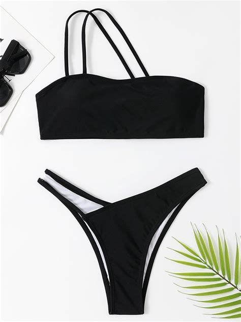 Emmiol Free Shipping 2024 Strappy One Shoulder Bikini Set Black S In