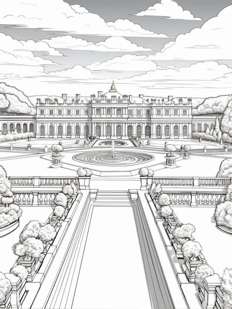 Premium AI Image | a drawing of a palace with a fountain in the foreground.