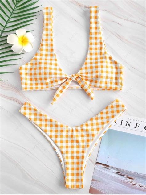 Off Knotted High Leg Plaid Bikini Set In Yellow Zaful