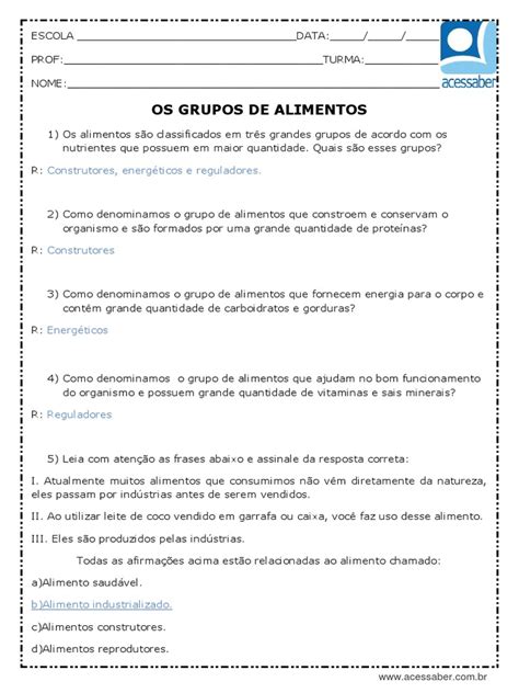 Atividade De Ciencias Os Grupos De Alimentos 4 Ano Respostas Pdf