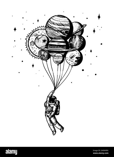 Soaring Spaceman Astronaut With Planets Balloons In Space Man In The