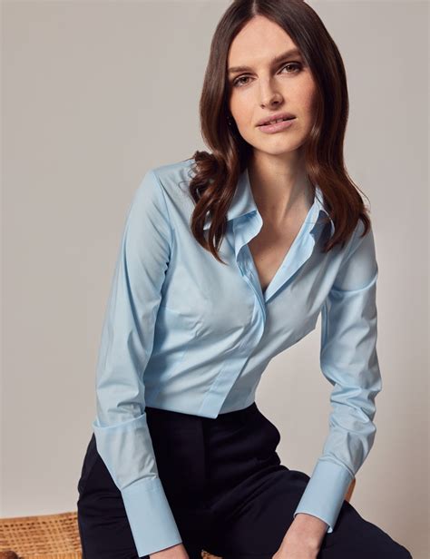 Womens Ice Blue Fitted Cotton Stretch Shirt With Concealed Placket