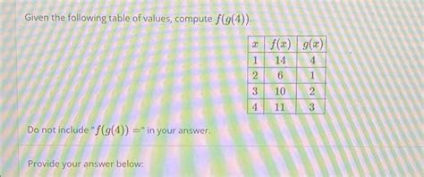 Solved Given The Following Table Of Values Compute F G 4 Chegg