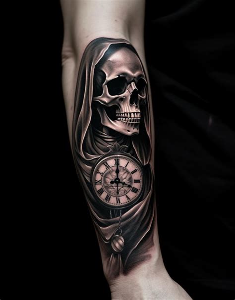 Scary grim reaper tattoo with clock for men and women | Forearm cover ...